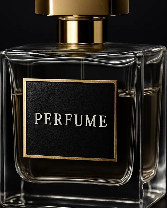 Luxury perfume bottle, genuine glass flacon on deep black backgro